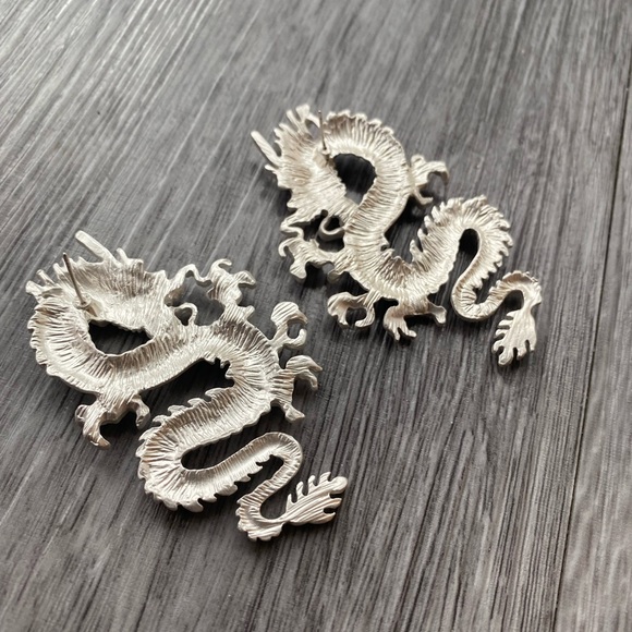Silver Dragon Statement Earrings- matte finish - Picture 3 of 3